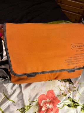Coach Canvas Heritage Messenger Crossbody Bag – Orange & Brown Leather Trim